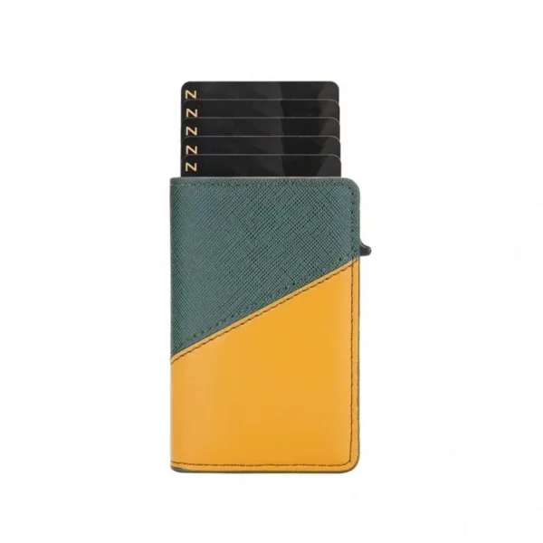 Portefeuille Barrière RFID Métal & Cuir PU PATCHWORK VERT ET JAUNE – Image 6