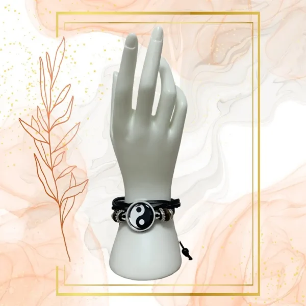 BRACELET CUIR NOIR ANTI ONDES fermeture cordon cuir - YIN YANG