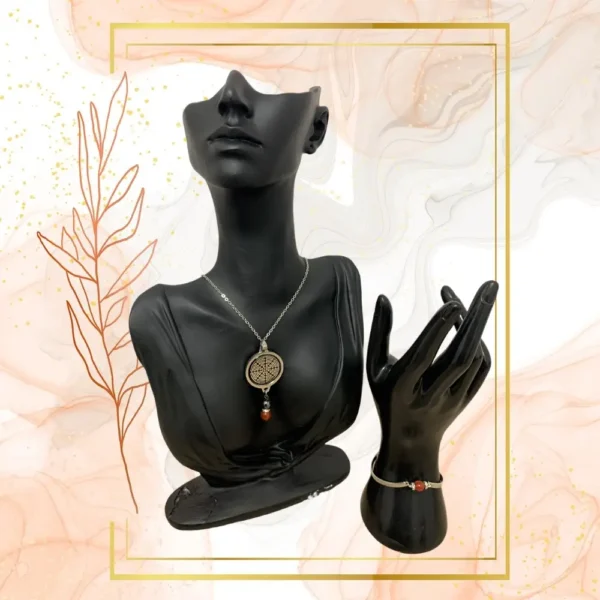 DUO PENDENTIF ANTI ONDE METAL ET PIERRE CORNALINE RUBANEE AVEC SON BRACELET ASSORTI – Image 6