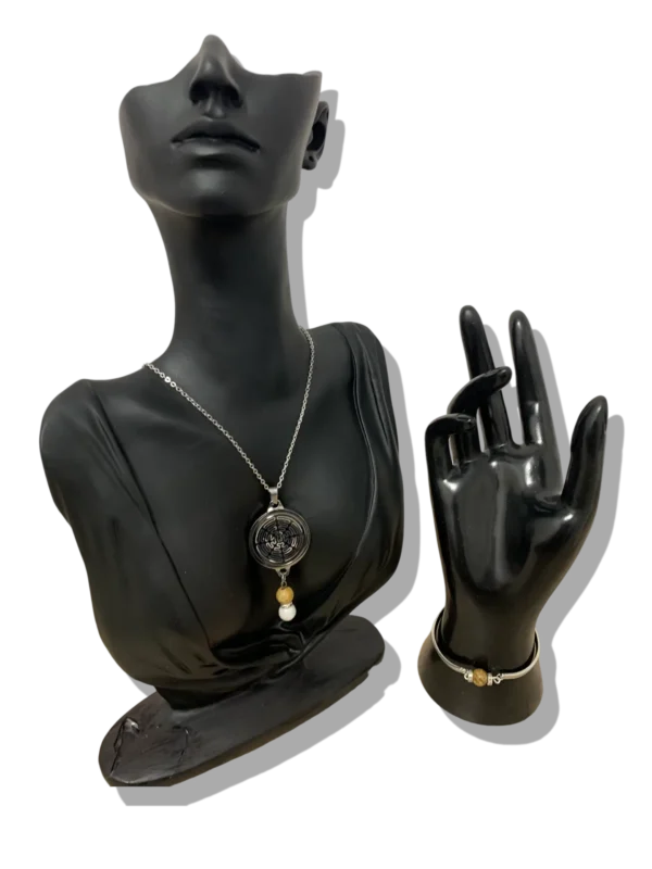 DUO PENDENTIF ANTI ONDE METAL ET PIERRE JASPE PAYSAGE AVEC SON BRACELET ASSORTI