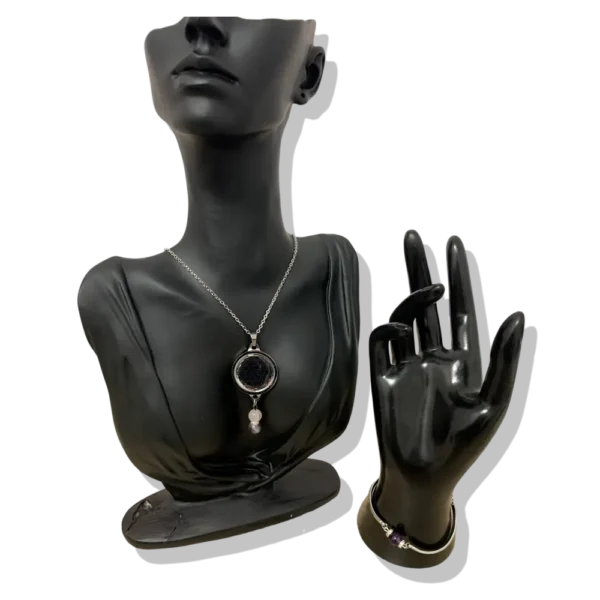 DUO PENDENTIF ANTI ONDE METAL ET PIERRE AMETHYSTE AVEC SON BRACELET ASSORTI