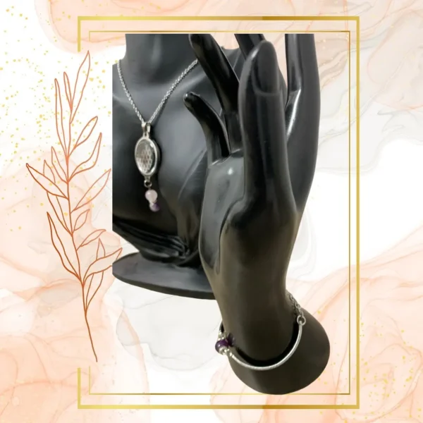 DUO PENDENTIF ANTI ONDE METAL ET PIERRE AMETHYSTE AVEC SON BRACELET ASSORTI – Image 4