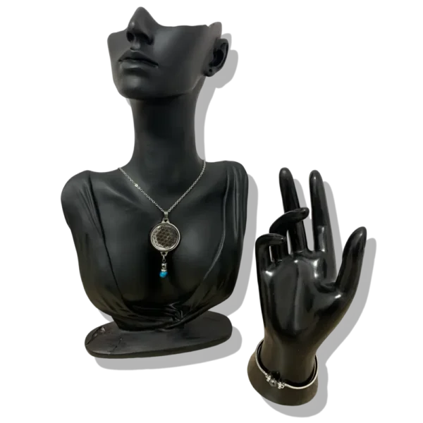 DUO PENDENTIF ANTI ONDE METAL ET PIERRES TIGRE BLEU, HEMATITE AVEC SON BRACELET ASSORTI