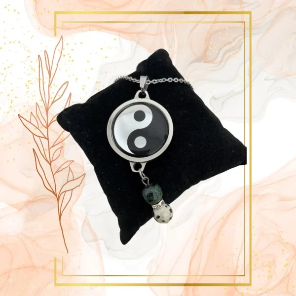 DUO PENDENTIF ANTI ONDE METAL ET PIERRE JASPE DALMATIEN AVEC SON BRACELET ASSORTI – Image 4