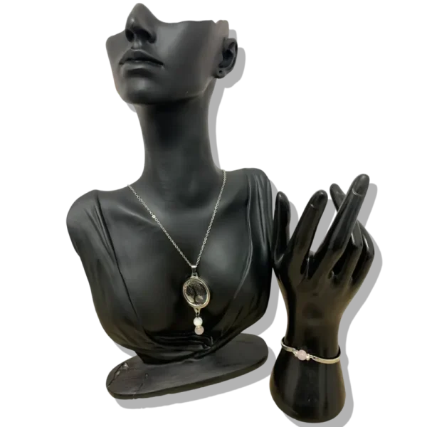 DUO PENDENTIF ANTI ONDE METAL ET PIERRE QUARTZ ROSE AVEC SON BRACELET ASSORTI