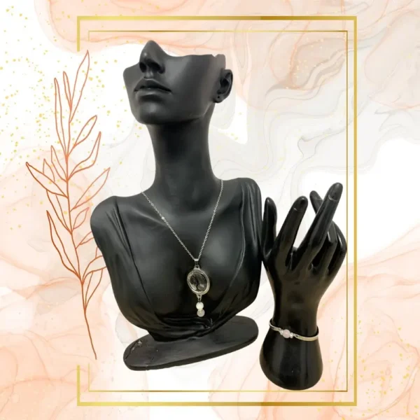 DUO PENDENTIF ANTI ONDE METAL ET PIERRE QUARTZ ROSE AVEC SON BRACELET ASSORTI – Image 2