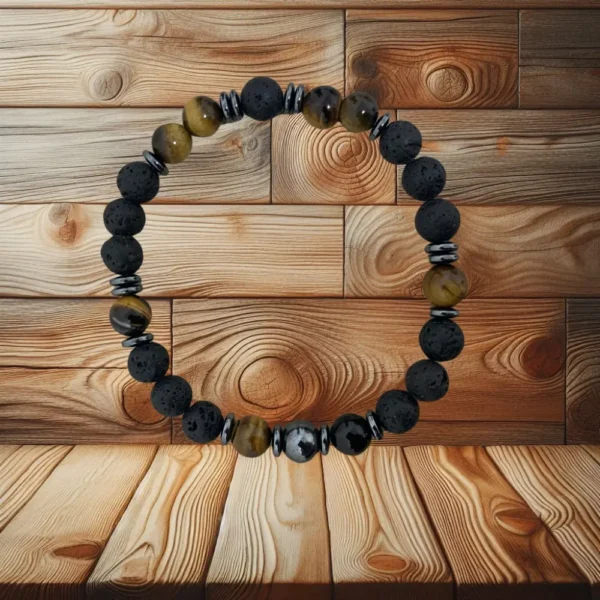 BRACELET HOMME OEIL DE TIGRE & PIERRE DE LAVE - 20CM
