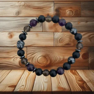 BRACELET HOMME SHUNGITE, QUARTZ FUME, AMETHYSTE AVEC BOUDDHA SCULPTE - 20CM