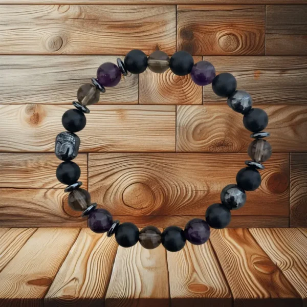 BRACELET HOMME SHUNGITE, QUARTZ FUME, AMETHYSTE AVEC BOUDDHA SCULPTE - 21CM