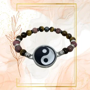 BRACELET FEMME ANTI ONDES , IL DE TIGRE, RHODONITE - 18CM, YING YANG