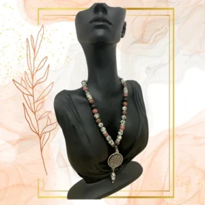 COLLIER ANTI-ONDES « RHODONITE, JASPE DALMATIEN + HEMATITE » - WAVES, 52CM