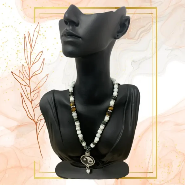 COLLIER ANTI-ONDES « HOWLITE, JASPE KAMBABA + IL DE TIGRE » - YING YANG, 52CM