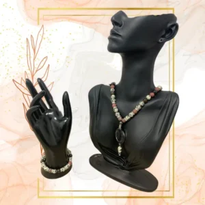 PARURE DUO, COLLIER ANTI-ONDES, RHODONITE & JASPE DALMATIEN AVEC BRACELET ASSORTI