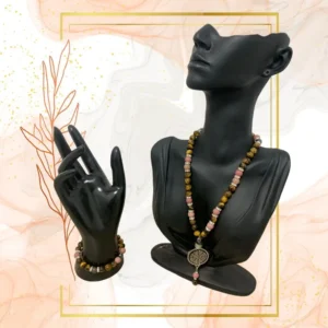 PARURE DUO, COLLIER ANTI-ONDE RHODONITE, IL DE TIGRE AVEC BRACELET ASSORTI