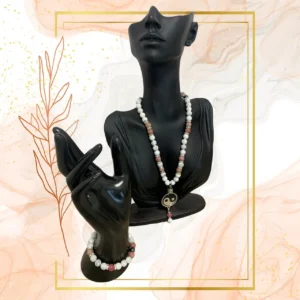 PARURE DUO, COLLIER ANTI-ONDE HOWLITE, RHODONITE AVEC BRACELET ASSORTI