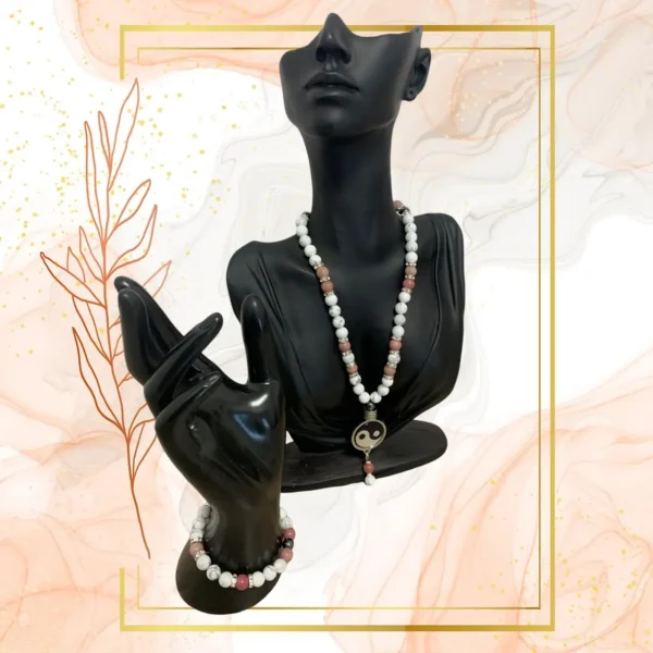 PARURE DUO, COLLIER ANTI-ONDE HOWLITE, RHODONITE AVEC BRACELET ASSORTI