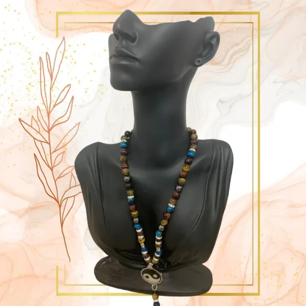 COLLIER ANTI-ONDES « OEIL DE TIGRE+OEIL DE TIGRE BLEU+OEIL DE TAUREAU» - YING YANG, 42 CM