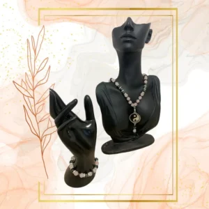 PARURE DUO, COLLIER ANTI-ONDES QUARTZ ROSE & JASPE KAMBABA AVEC BRACELET QUARTZ ROSE ASSORTI