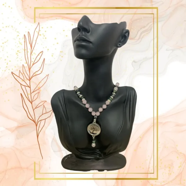 COLLIER ANTI-ONDES « QUARTZ ROSE+JASPE KAMBABA » - ARBRE DE VIE, 52CM