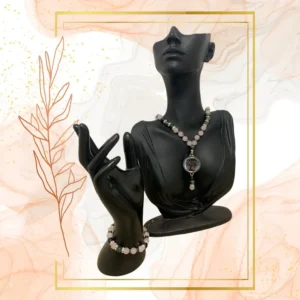 PARURE DUO, COLLIER ANTI-ONDES QUARTZ ROSE & JASPE KAMBABA AVEC BRACELET QUARTZ ROSE ASSORTI