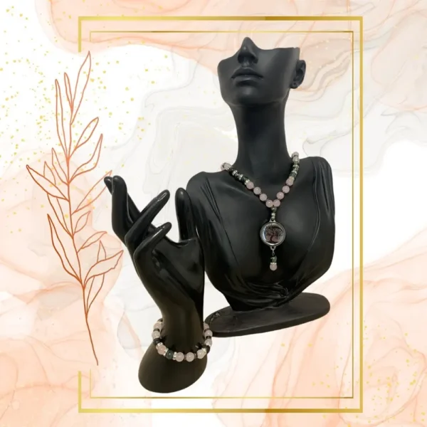 PARURE DUO, COLLIER ANTI-ONDES QUARTZ ROSE & JASPE KAMBABA AVEC BRACELET QUARTZ ROSE ASSORTI