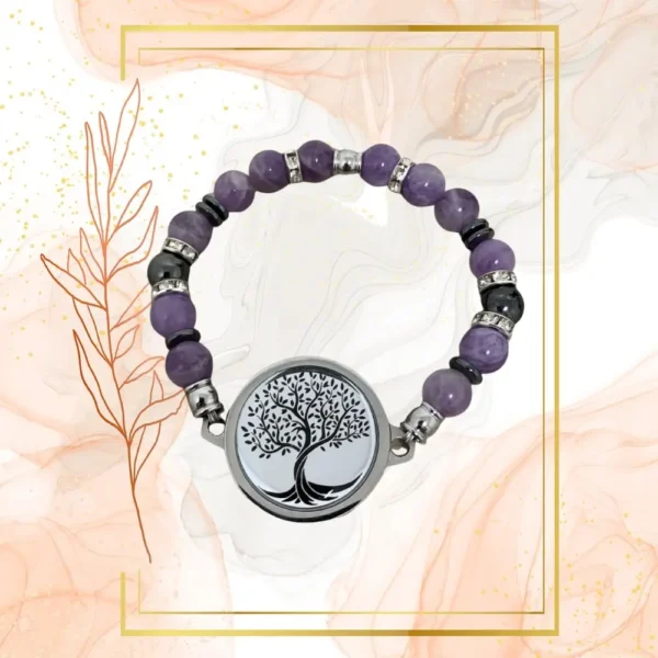 BRACELET FEMME ANTI-ONDES « AMETHYSTE+ HEMATITE » - 20CM, ARBRE DE VIE