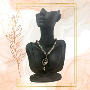 COLLIER ANTI-ONDES « RHODONITE, JASPE DALMATIEN + HEMATITE » - YING YANG, 52CM
