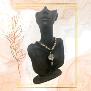 COLLIER ANTI-ONDES « RHODONITE, JASPE DALMATIEN + HEMATITE » - ARBRE DE VIE, 52CM