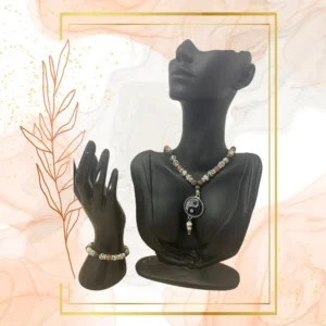 PARURE DUO, COLLIER ANTI-ONDES, RHODONITE & JASPE DALMATIEN AVEC BRACELET ASSORTI