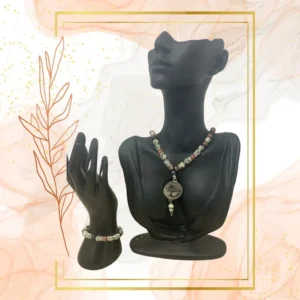 PARURE DUO, COLLIER ANTI-ONDES, RHODONITE & JASPE DALMATIEN AVEC BRACELET ASSORTI