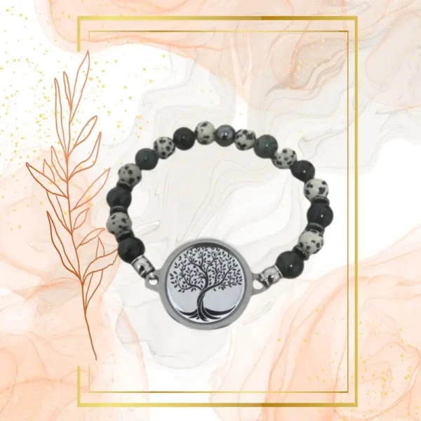 BRACELET HOMME ANTI ONDES, JASPE KAMBABA ET DALMATIEN - 18CM, ARBRE DE VIE