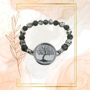 BRACELET FEMME ANTI ONDES , JASPE KAMBABA ET DALMATIEN - 18CM, ARBRE DE VIE