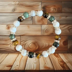 BRACELET HOWLITE, JASPE KAMBABA & OEILDE TIGRE - 19CM