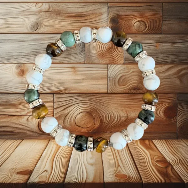 BRACELET HOWLITE, JASPE KAMBABA & OEILDE TIGRE - 19CM