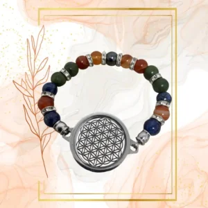 BRACELET FEMME ANTI-ONDES « CORNALINE RUBANNEE, JADE NEPHRITE & LAPIS LAZULI » - 18CM, FLEUR DE VIE