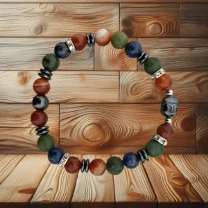 BRACELET CORNALINE RUBANEE, JADE NEPHRITE, LAPIS LAZULI AVEC BOUDDHA SCULPTE - 20CM