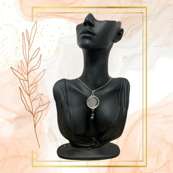 Collier Anti Ondes avec pendentif métal et il de Tigre bleu et Hématite - ACIER INOXIDABLE, FLEUR DE VIE