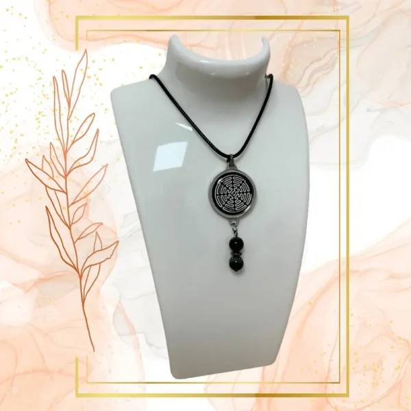 Collier Anti Ondes Mixte avec pendentif métal avec deux pierres Jaspe Kambaba - CORDON CIRE NOIR, WAVES
