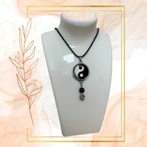 Collier Anti Ondes avec pendentif métal et pierres Jaspe Kambaba et Dalmatien - CORDON CIRE NOIR, YIN YANG
