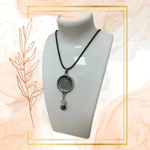 Collier Anti Ondes avec pendentif métal et pierres Améthyste et Quartz rose - CORDON CIRE NOIR, FLEUR DE VIE