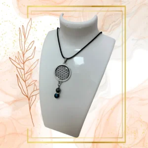 Collier Anti Ondes avec pendentif métal et il de Tigre bleu et Hématite - CORDON CIRE NOIR, FLEUR DE VIE