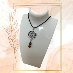 Collier Anti Ondes avec pendentif métal et pierres Cornaline et Hématite - CORDON CIRE NOIR, WAVES