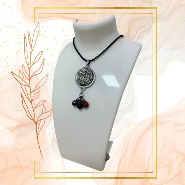 Collier Anti Ondes avec pendentif métal et pierre Cornaline, il de Tigre bleu et Hématite - CORDON CIRE NOIR, FLEUR DE VIE