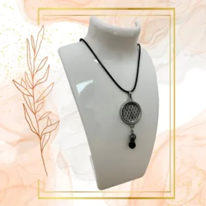 Collier Anti Ondes Mixte avec pendentif métal et pierre de Lave et Hématite - CORDON CIRE NOIR, FLEUR DE VIE