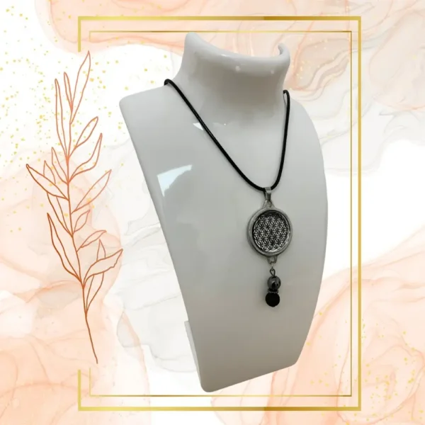 Collier Anti Ondes Mixte avec pendentif métal et pierre de Lave et Hématite - CORDON CIRE NOIR, FLEUR DE VIE