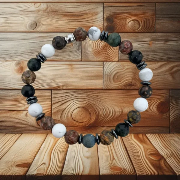 BRACELET JASPE LEOPARD, KAMBABA & HOWLITE - 21CM