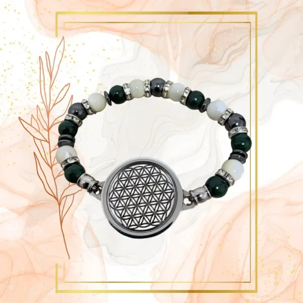 BRACELET ANTI-ONDES « MALACHITE & NACRE » - 18CM, FLEUR DE VIE