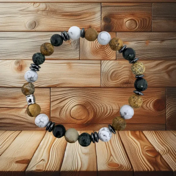 BRACELET HOWLITE, JASPE KAMBABA & JASPE PAYSAGE - 18CM