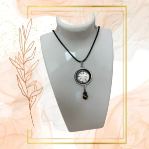 Collier Anti Ondes Mixte avec pendentif métal et pierre il de Tigre - CORDON CIRE NOIR, FLEUR DE VIE
