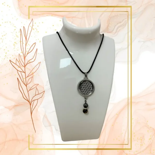 Collier Anti Ondes avec pendentif femme métal et pierre il de Tigre et Hématite - CORDON CIRE NOIR, FLEUR DE VIE